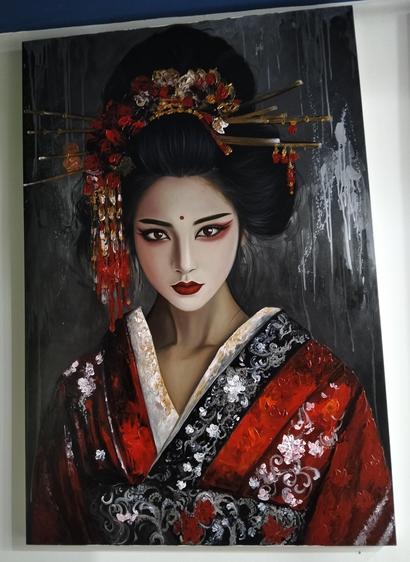 a painting of a northeast asian woman looking at the viewer, her hair pinned up, looking at the viewer with an intense expression, a grey background with white and black splatter and drip effects , her robe is red, black and white with white floral designs 