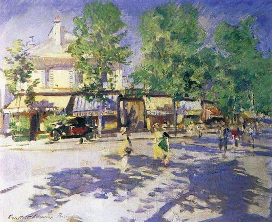 a painting, it is a street scene, sunlight showing the shadows of trees , lots of motion, figures wearing dresses crossing the street, a early model car parked on the side of the road 