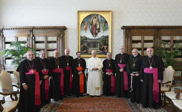 El papa Lleó XIV amb membres de la CEE el 17 de novembre al Vaticà (EPTV/Vatican Media)