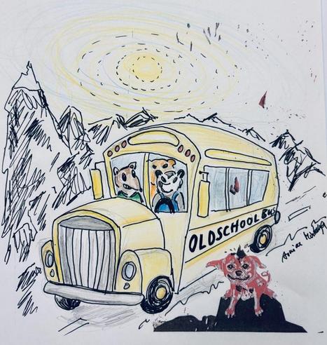 Eine farbenfrohe Illustration zeigt einen gelben Schulbus mit der Aufschrift „OLDSCHOOL BUS” und drei Comic-Tieren, wahrscheinlich Nagetiere, auf dem Fahrer- und Beifahrersitz. Die Szene spielt vor dem Hintergrund von Bergen und strahlendem Sonnenschein. In der rechten vorderen Ecke befindet sich ein kleiner roter Hund.