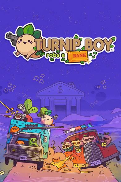 Box art for Turnip Boy Robs a Bank, featuring Turnip Boy riding on a truck with the Pickle Gang, slamming into a cop car full of Peach Cops. They are fleeing from the Botanical Bank.