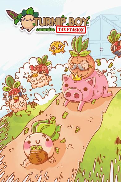 Box art for Turnip Boy Commits Tax Evasion, featuring Turnip Boy with a bag of money running away from Mayor Onion riding King Pig, with the Idiot Radish Squad also chasing Turnip Boy riding chickens.
