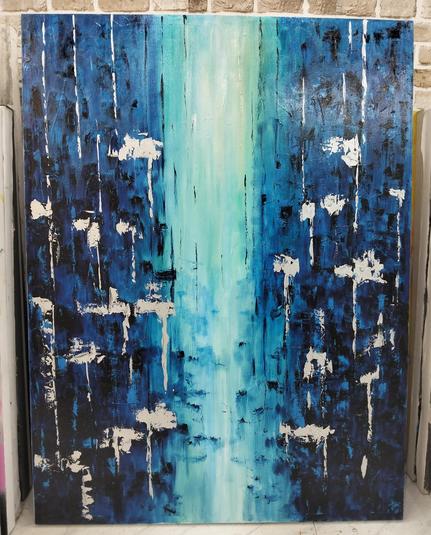 a painting, it is abstract, a beam of blue light running through dark blue and black tones , through the center of the vertical rectangular field, dabs of white paint on the right and left sides of it