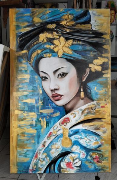 a painting of a young female wearing fine robes that are turquoise and gold with reds, floral designs, fabric wrapped around her head, the background is blues and golds, she wears dangling gold earrings and is looking at the viewer with a calm and proud expression