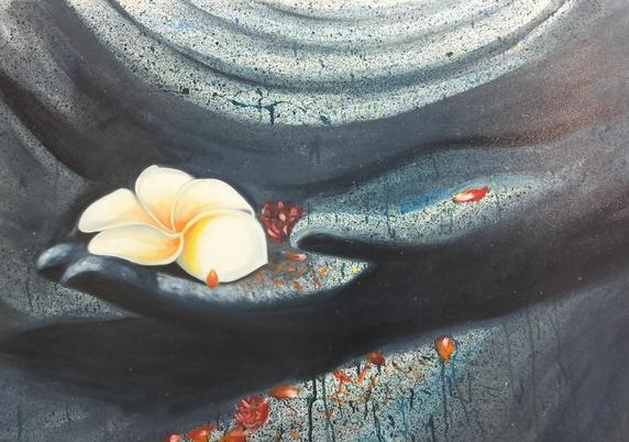 an impressionist painting of an open hand on a lap, fabric folds behind it, it is a white petaled leelawadee flower with a light yellow center , small red flowers growing up from the bottom