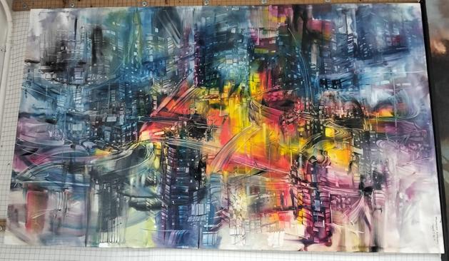 an abstract impressionist painting of a crowded cityscape with energy whirling through it from multiple angles, it is mostly blue tinted with purple and glowing yellow and red regions of it