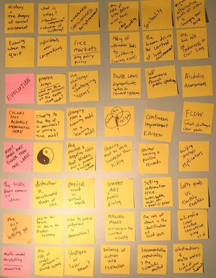 process not product: photograph of a wall of yellow sticky notes, each filled with a few words and an occasional diagram. Image attribution: Flickr user sixmilliondollardan