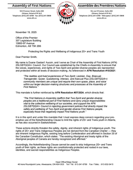 Letter from the Assembly of First Nations to Premier Smith calling for the withdrawal of Bill 9. 