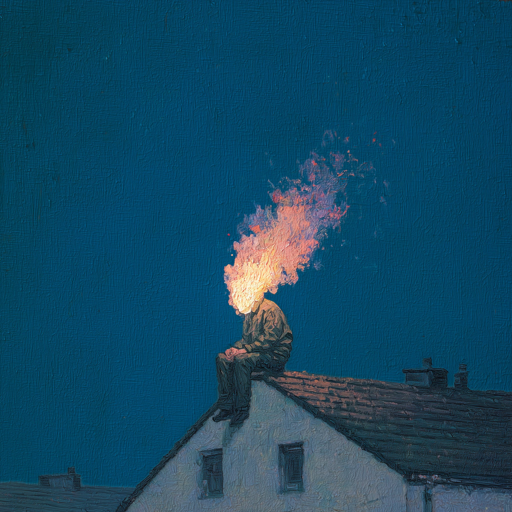 A surreal painting set against a deep blue evening sky. A figure in dark clothing sits alone on the peak of a house roof. Where their head should be, there is a burst of bright orange fire and smoke rising upward.