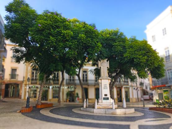 Dominada pela estátua do poeta Luís de Camões, com mais de 11 metros de altura e construída na segunda metade do século XIX, a praça é animada e caracterizada por um pavimento com efeitos geométricos, rodeada por casas com os famosos azulejos coloridos.