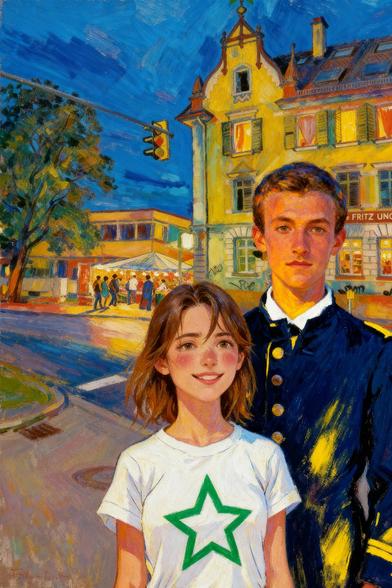 La juna Zamenhof kun knabino, kiu surhavas to-ĉemizon kun verda stelo. Ili staras antaŭ la gastejo Unckel. Bildo laŭ stilo de esprimismo kreita de AI surbaze de realaj fotoj