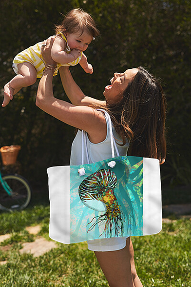 Echoes of the Deep Nautilus Shell Artwork printed on a weekender tote bag - available at https://joan-stratton.pixels.com/featured/echoes-of-the-deep-nautilus-shell-joan-stratton.html?product=weekender-totebag