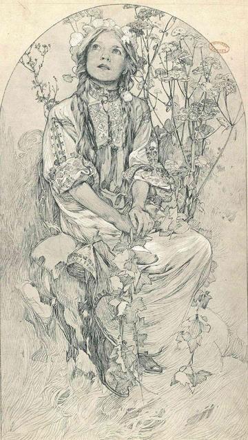 Monochromatic Art Nouveau illustration of a young woman seated among wildflowers and foliage, looking upward.