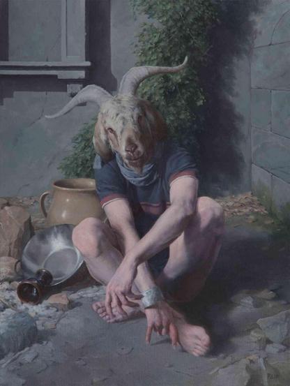 Oil painting depicting a seated figure with the head of a goat wearing modern clothing next to scattered pottery and stonework.