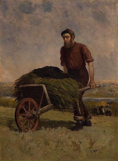 Against a cloudy, darkening sky, a heavily bearded man is pushing a wooden wheelbarrow full of sheaves of grass with a dark jacket thrown on top. The man is wearing dark trousers with rolled up trouser legs and a long-sleeved brown shirt with its sleeves rolled up to expose his forearms. It is unclear if he is wearing a cap or simply has messy brown hair. He seems to be going uphill and there are people working below him on the hill. Image by Edward Mitchell Bannister (1828-1901) from Wikimedia Commons.