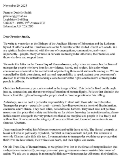 Letter to Premier Smith from Anglican, Lutheran and United Churches