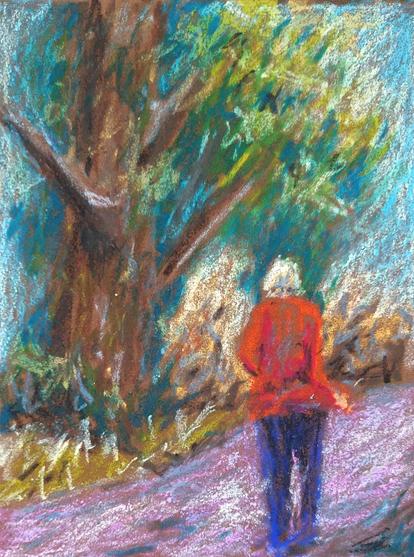 Woman seen from behind walking next to a tree. Colorful oil pastel painting on a brown background.