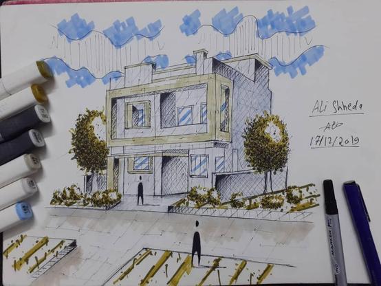 Building sketch by me
Tree on left , tree on right , flowers around the building, person in front of the building and green spaces.