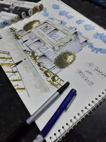 Building sketch by me
Tree on left , tree on right , flowers around the building, person in front of the building and green spaces.