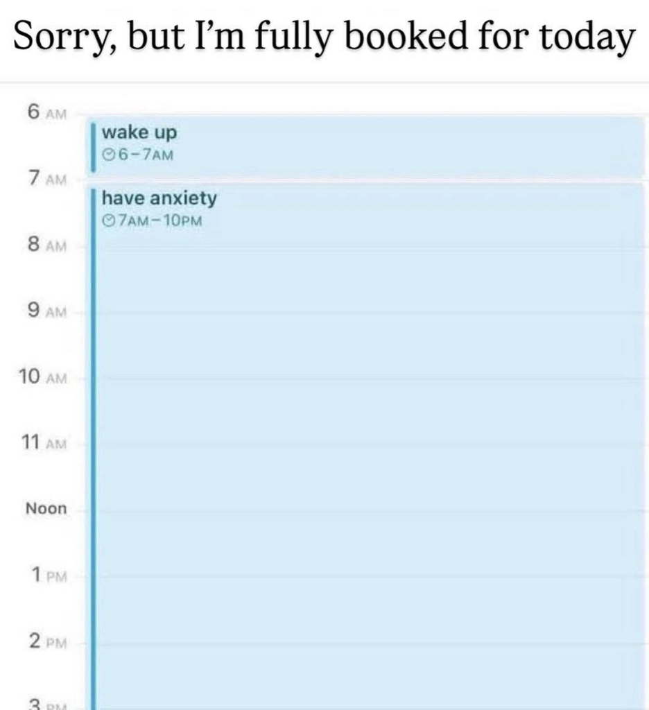 A meme showing a screenshot of a digital daily calendar.
Caption: "Sorry, but I'm fully booked for today"
6 AM - 7 AM: "wake up"
7 AM - 10 PM: A solid blue block labeled "have anxiety"