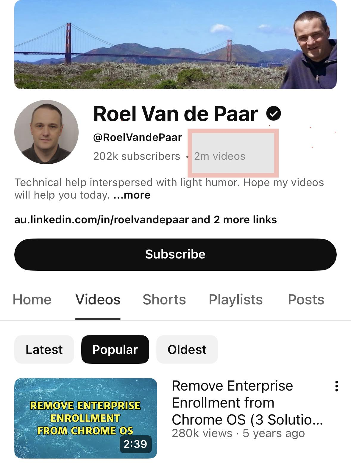 A screenshot of YouTube profile page for the channel name "Roel Van de Paar," showing his name, profile picture, a header image of the Bridge, with 202k subscribers, and "2m videos" which is highlighted by me.
