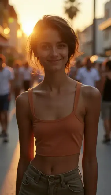 A person is standing in front of a blurred background of other people, likely outdoors. The person has short, dark hair and is wearing a cropped, orange tank top and light-wash denim jeans. They are looking directly at the camera with a slight smile. The lighting is warm and creates a glow around the person, with a bright, diffused light source appearing in the upper part of the frame. The image appears to be a candid shot, focusing on the individual against the backdrop of a busy street or public area.