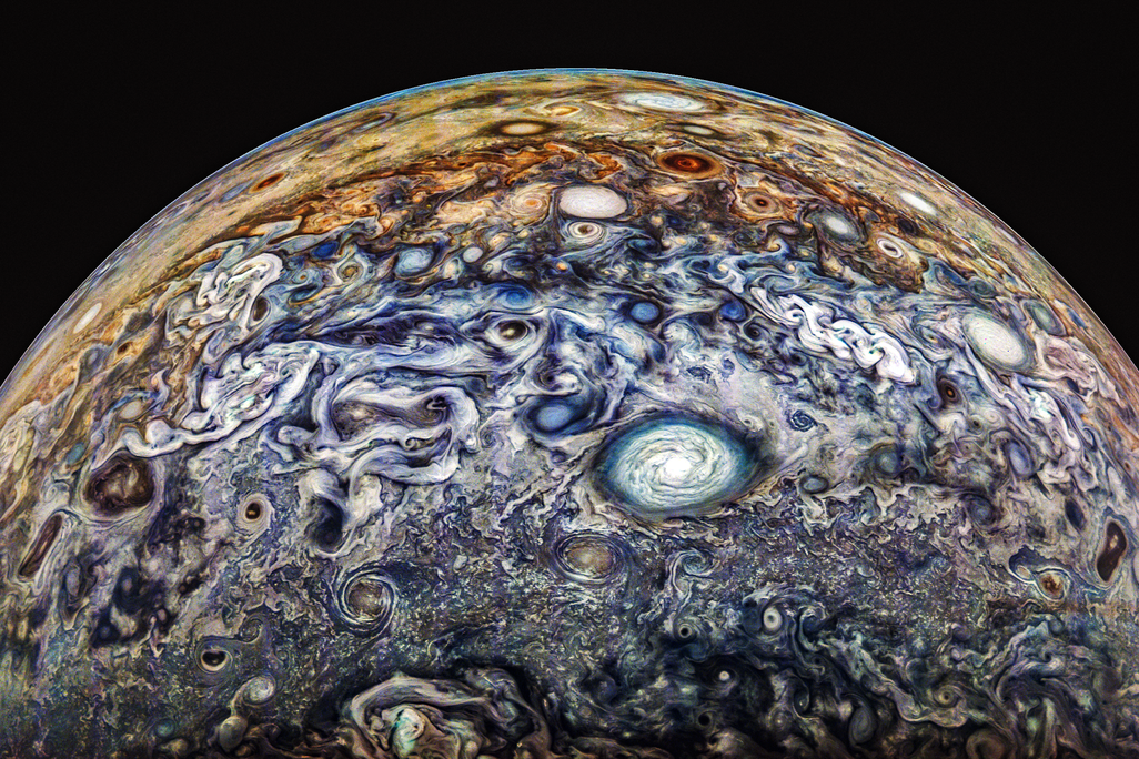 Image captured by Juno during its 66th perijove, then further processed with color enhancement.