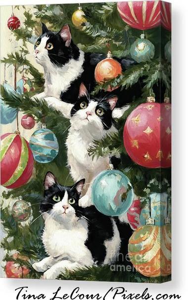 This is a canvas of a three black and white naughty cats inside a christmas tree decorated with ornametns. 