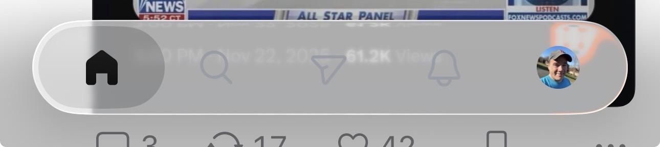Screenshot of a Liquid Glass nav bar in the Bluesky app where the icons are completely in-discernible against the background