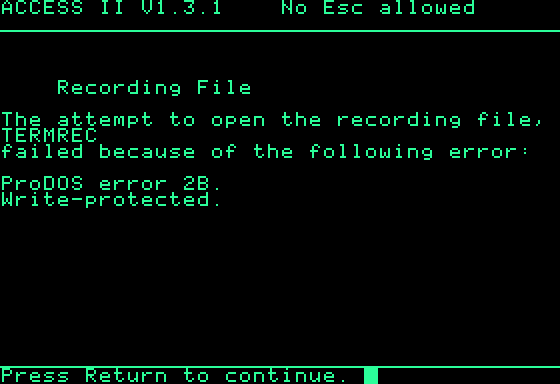 screenshot from Apple Access II with header "No Esc allowed" and a disk-related error message