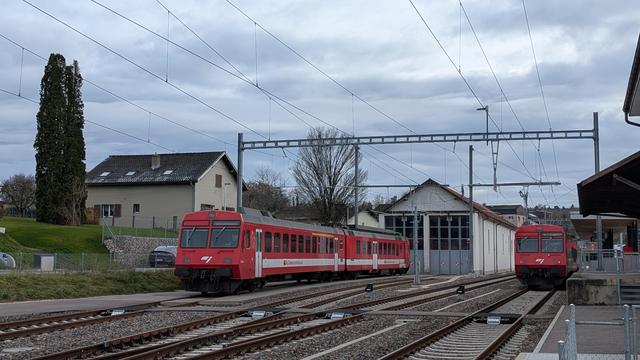 A trainset consisting of a CJ class RBDe 567 motor coach and a control car on one of two tracks before a small train shed with gabled roof, another CJ trainset waiting on one of two modern tracks passing the train shed, grey sky