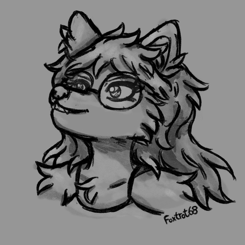 A gray sketch of Ashley, a gray wolf. She's looking upwards and to the left with a smile. our watermark is handwritten on the bottom right of the sketch. background is just a plain gray canvas.