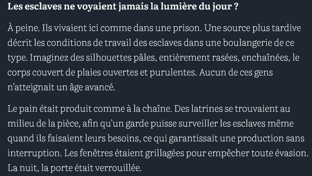 Les esclaves ne voyaient jamais la lumière du jour ?

GABRIEL ZUCHTRIEGEL : À peine. Ils vivaient ici comme dans une prison. Une source plus tardive décrit les conditions de travail des esclaves dans une boulangerie de ce type. Imaginez des silhouettes pâles, entièrement rasées, enchaînées, le corps couvert de plaies ouvertes et purulentes. Aucun de ces gens n’atteignait un âge avancé.

Le pain était produit comme à la chaîne. Des latrines se trouvaient au milieu de la pièce, afin qu’un garde puisse surveiller les esclaves même quand ils faisaient leurs besoins, ce qui garantissait une production sans interruption. Les fenêtres étaient grillagées pour empêcher toute évasion. La nuit, la porte était verrouillée.

source : courrier international