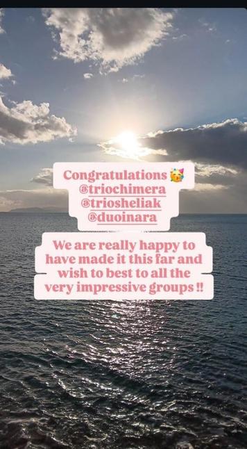 Photo du soleil sur la mer à Cagliai Sardaigne, avec le texte "Congratulations 🥳
@triochimera
@triosheliak
@duoinara

We are really happy to have made it this far and wish to best to all the very impressive groups !!"