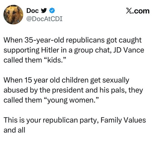 Tweet by @DocAtCDI:
When 35-year-old republicans got caught supporting Hitler in a group chat, JD Vance called them “kids.”
When 15 year old children get sexually abused by the president and his pals, they called them “young women.”
This is your republican party, Familie Values and all