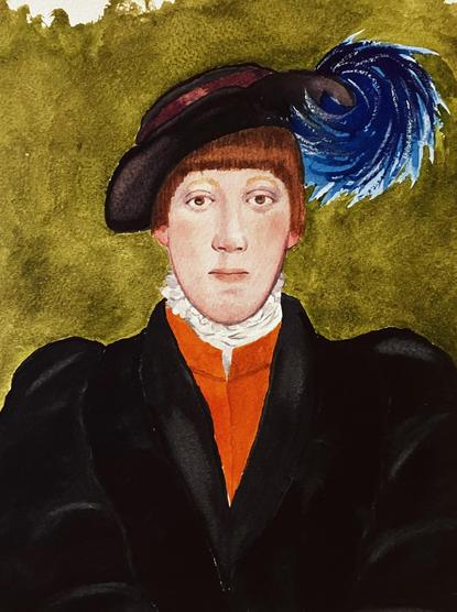 Watercolor sketch after a pencil portrait by Holbein of one of the young members of the English nobility in Henry VIII’s day. 