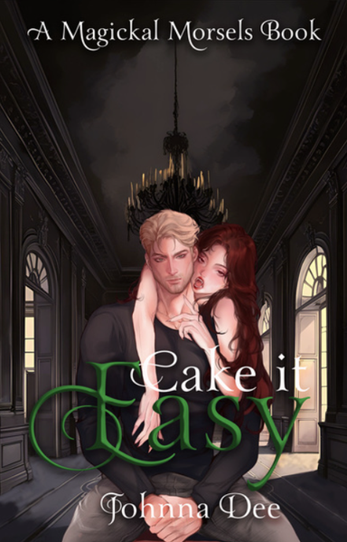 A book cover of a light haired man sitting down and a red haired women embracing him from behind. Title: Cake it Easy by Johnna Dee