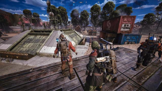 Four of us standing looking down at the extraction elevator. Spirits down and we all realized that we missed our window to get out alive. One of us on the elevator, 3 on a loading container.