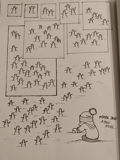 A drawing on an 8.5" x 11" page, of a series of comic panels filled with doodles of snowmen. Each panel has a snowman to match the Fibonacci sequence (1 1 2 3 5 8 13 21 and 34). The final panel also depicts a child in the process of building another snowman saying "maybe just a few more..."