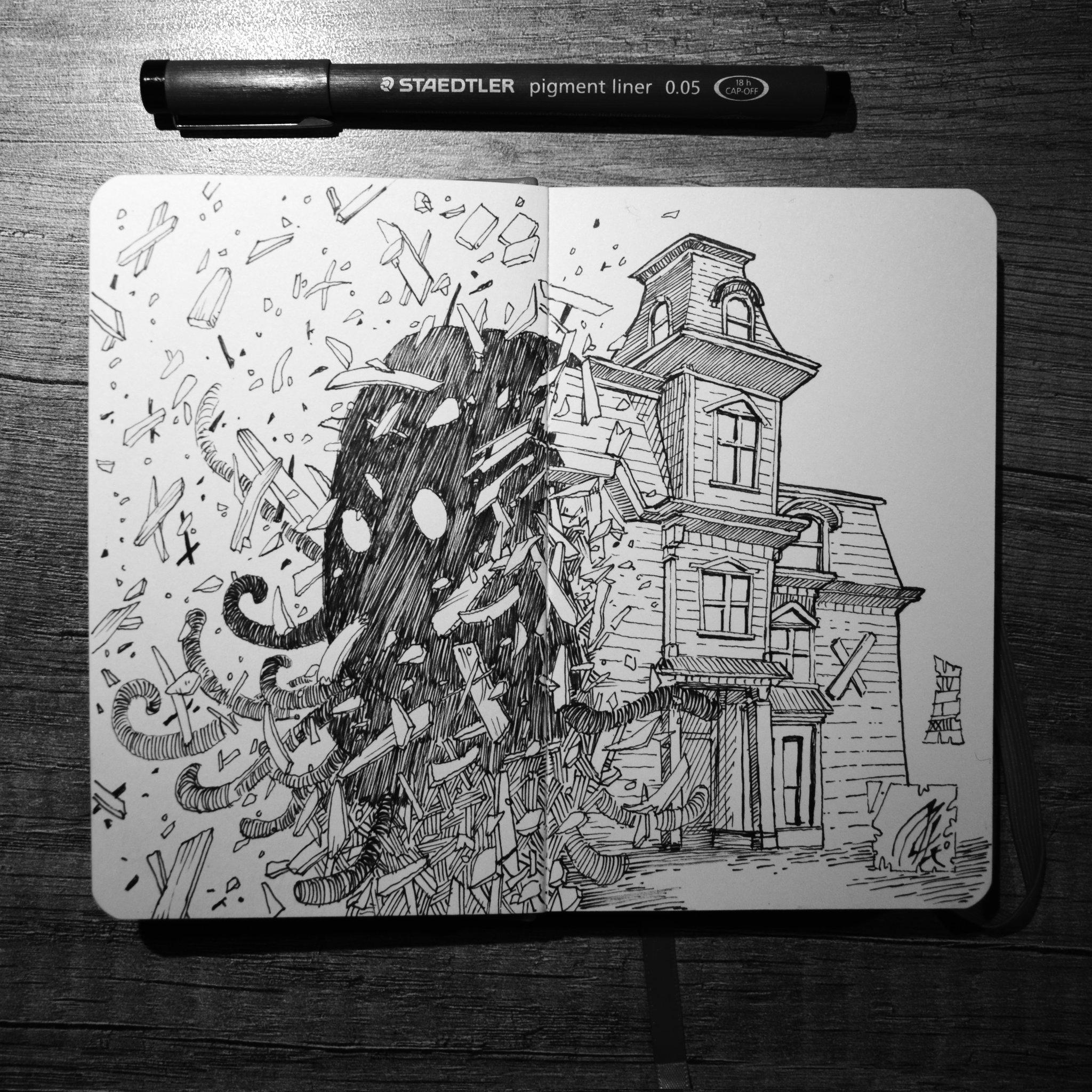 Dessin dans un petit carnet d'une sombre créature traversant une maison victorienne en faisant voler en éclat le mur avec ses tentacules