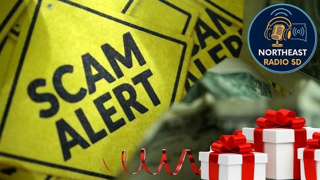 Yellow "Scam Alert" signs, money, and gift boxes with red ribbons. Blue "Northeast Radio SD" logo adds a serious tone.