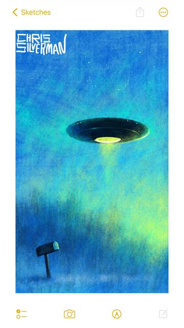 A clear blue sky, with a few stars visible, sometime around dusk or dawn. In the background is a blurry treeline, with a yellow-green glow about it. In the foreground is a small dark mailbox in the middle of a grassy area. Hovering in the sky above is a vast black UFO. A circular hatch is open underneath it, revealing a glowing green interior. The UFO is surrounded by an eerie glow. The painting is signed "Chris Silverman".