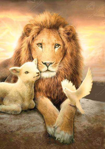 Art work of The Father!*Son!*& Holy Ghost!*depicted with a lion!*lamb!*& Dove