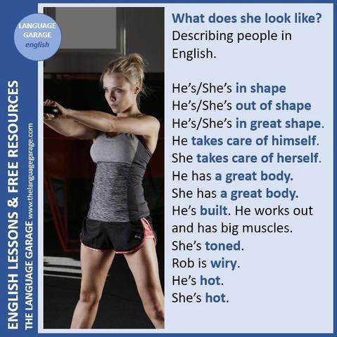 English vocabulary for describing people, examples with being in shape, image of a woman working out