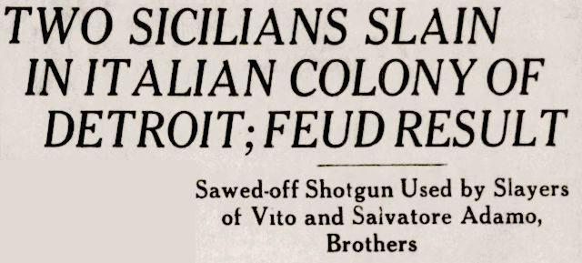Detroit Free Press clipping from November 25, 1913. Headlines: "Two Sicilians slain in Italian colony of Detroit; feud result. Sawed-off shotgun used by slayers of Vito and Salvatore Adamo, brothers."