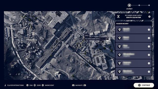 The image displays a detailed map interface, highlighting an area identified as "South Elevator" with status information indicating "Returned Home Safely." There is a list of nearby raiders with associated icons.