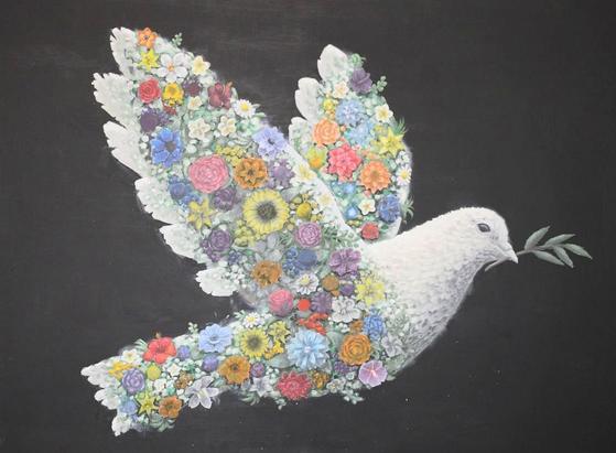 Artwork of a gorgeous dove of peace mostly made up of beautiful multiple colorful flowers