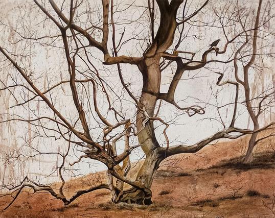 A painting showing a central twisty oak tree featuring a crow on a branch. Painted in ochres and other natural pigments giving earthy tones.