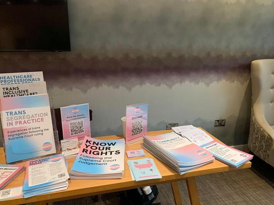 Image shows a table with booklets and pamphlets on in pink and blue colours.