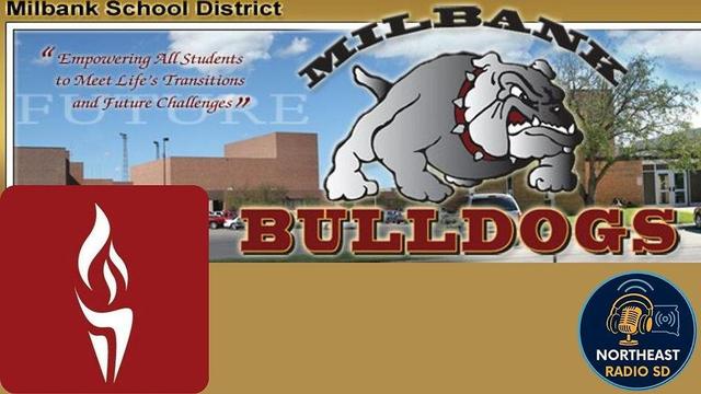 Milbank School District banner with a bulldog logo, red torch icon, and text: "Empowering All Students." Background shows a school building.